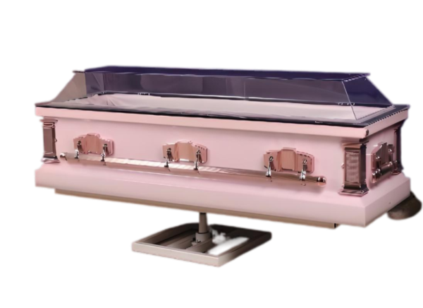 A pink metallic casket with ornate handles and a transparent lid is displayed on a pedestal, highlighting the casket's elegance.
