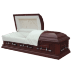 A polished wooden casket with a rich mahogany finish, open to reveal a cream-colored satin interior. The atmosphere is solemn yet elegant.