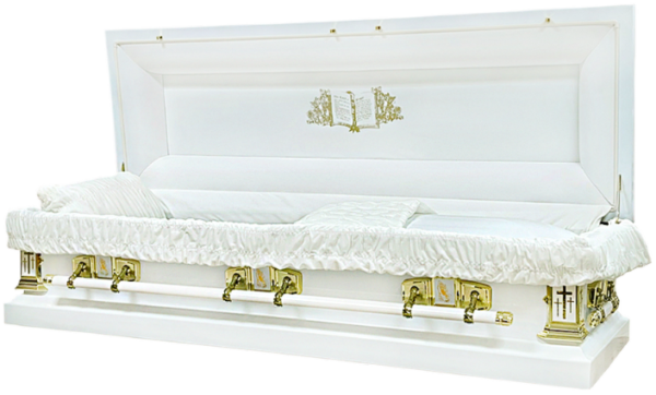 White casket with gold-tone handles, satin ruffled interior, and an embroidered Bible design on the open lid.