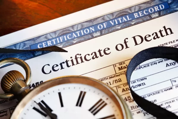 A death certificate partially visible, labeled "Certification of Vital Record," lies beneath an antique pocket watch and a black ribbon, suggesting solemnity and remembrance.