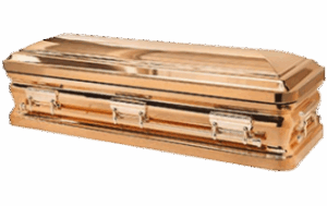 A polished gold casket with a reflective finish. The casket's sleek design and luxurious appearance convey elegance.