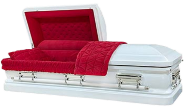White casket with polished silver handles, open to reveal a rich red quilted interior. The image conveys a somber and respectful tone.