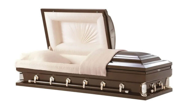 Open brown casket with shiny finish and luxurious, cream-colored interior lining. It conveys a somber and respectful tone, suitable for a formal setting.