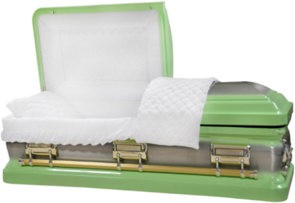 A light green and gold casket with an open lid revealing a white quilted interior and bedding.