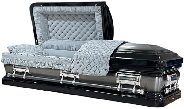 Open black casket with silver handles and a light grey, quilted interior lining. The image conveys a solemn and respectful tone.