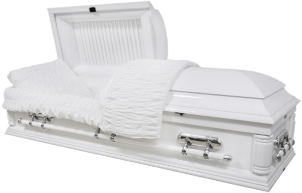 White coffin with shiny silver handles, partially open to reveal a plush, ruched white interior. The mood is somber and respectful.