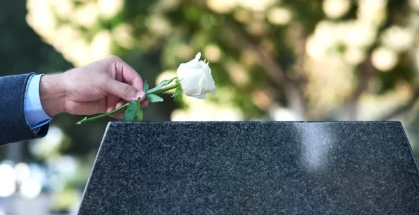 A hand gently places a white rose on a polished black tombstone. Sunlight filters through blurred trees, creating a solemn and respectful atmosphere.
