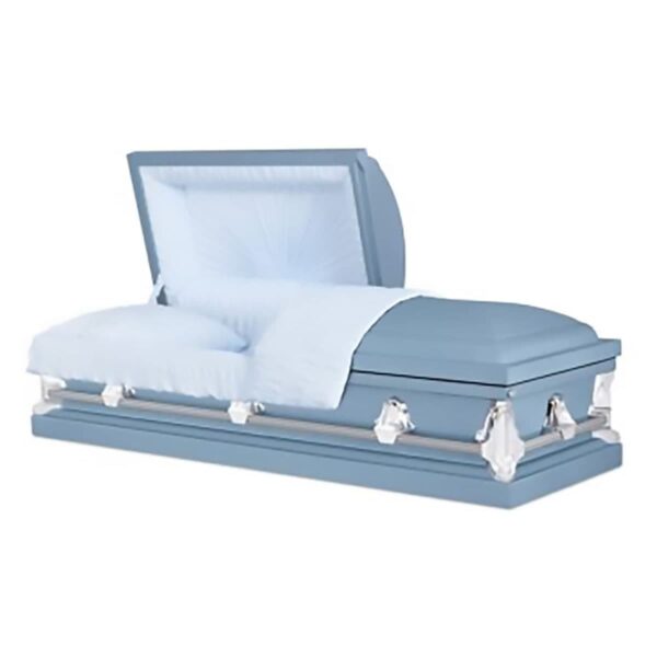 Light blue casket with silver handles, partially open to reveal a plush, cushioned interior, conveying a serene and respectful tone.