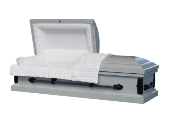 A light gray casket with a plush white interior is shown, partially open. The scene is somber and respectful.