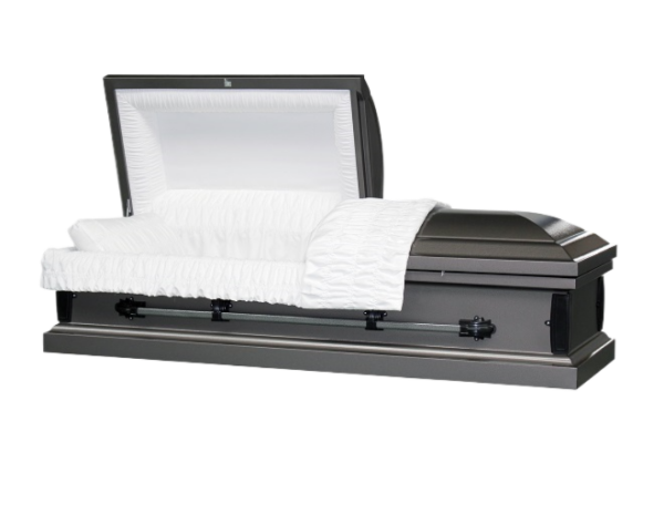 A sleek, gray metal casket with an open lid and white satin interior, conveys somberness and solemnity.