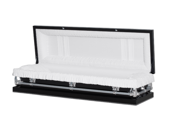 Open black casket with sleek design, lined with plush white fabric. The setting is minimal and somber, evoking a serene, respectful atmosphere.
