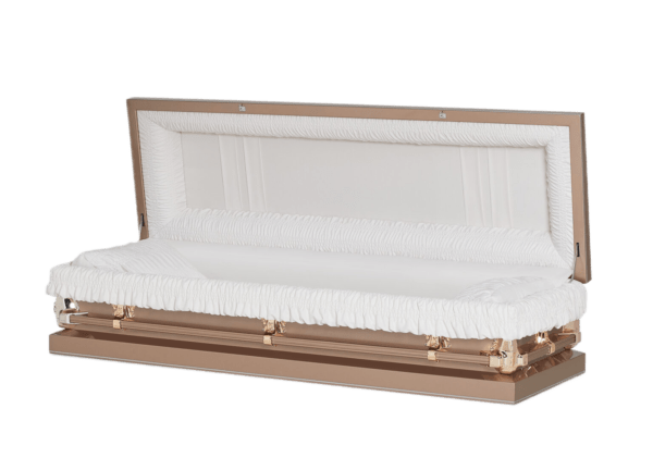 Open beige casket with a white cushioned interior, conveying a somber and respectful tone.