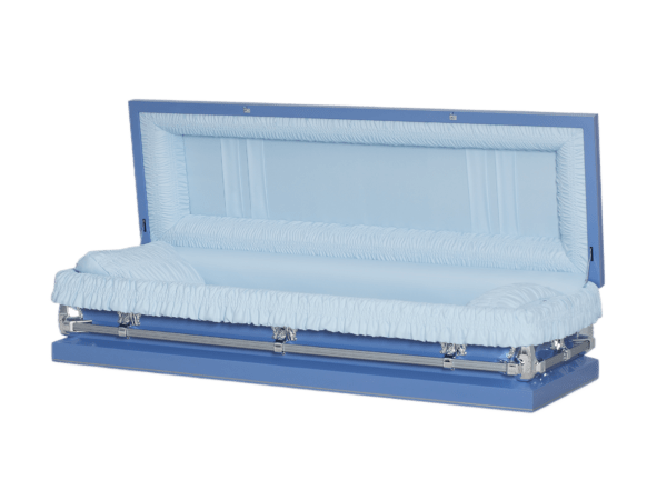 Blue casket with a matching light blue interior lining and pillow. The scene conveys a somber, respectful tone.