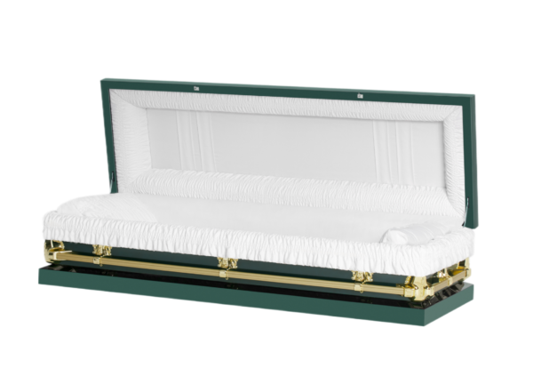 Open casket with white interior and green exterior, highlighted with gold accents, conveying a somber mood.