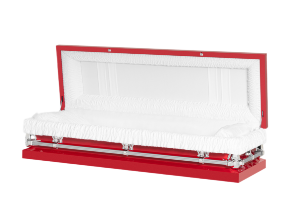 Red coffin with a glossy finish, open to reveal a white, plush interior. The image conveys a somber tone.