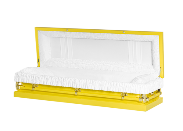 A bright yellow casket with a fully open lid, revealing a white, ruffled interior. The image conveys a contrast between vibrant color and somber context.