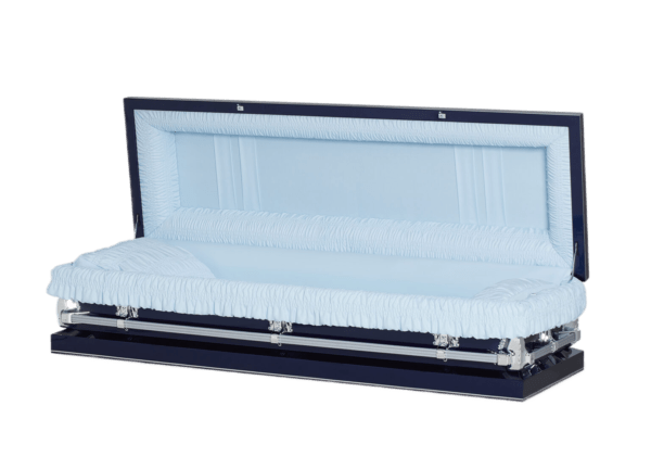 Open blue casket with a light blue, ruffled interior and silver handles. The tone is somber and respectful.