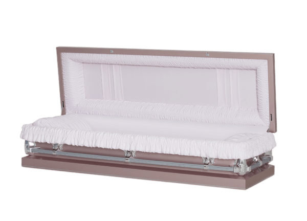 Open casket with a pink exterior and plush white lining. The atmosphere is somber and respectful.