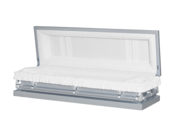 A sleek, silver casket with white, ruffled interior lining, open against a solid black background, conveying a somber and respectful tone.