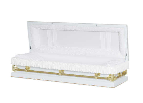 A sleek white casket with plush white interior lining, adorned with gold accents and hardware.