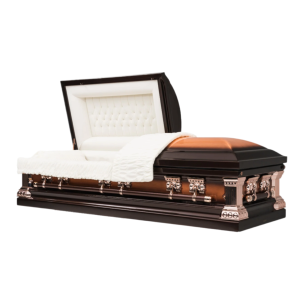 Luxurious open casket with rich brown wood, gold accents, and plush white interior. The mood is somber yet elegant.