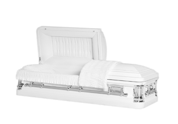 An Ornate Delta White & Silver Casket, with White Lining within.