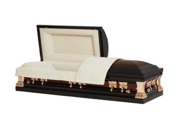 An open casket with a black exterior and gold accents is displayed. Its interior is lined with quilted cream fabric, conveying a solemn tone.