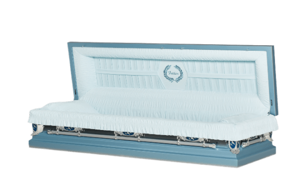 Light blue casket with pleated interior fabric and metallic silver accents, displayed open, evoking a sense of solemnity.
