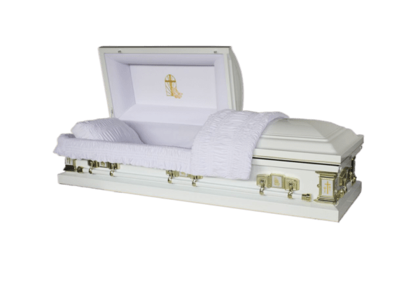 An elegant white casket with a half-open lid, adorned with golden handles and cross details. The interior is lined with plush white fabric.