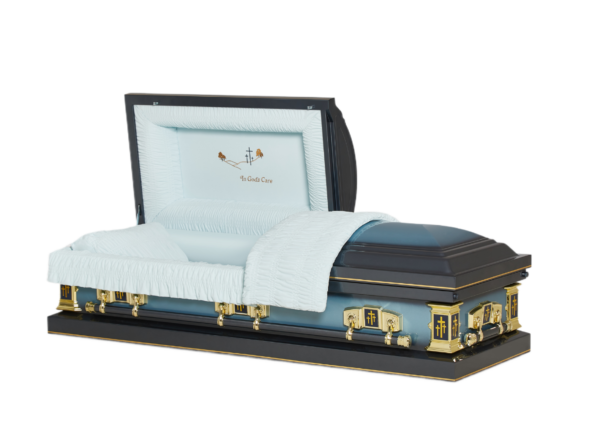 Open black and blue casket with light blue ruched interior and embroidered panel reading "In God’s Care" with a cross and hill design. Gold-tone hardware with cross emblems adds a religious touch to this dignified and faith-inspired casket.
