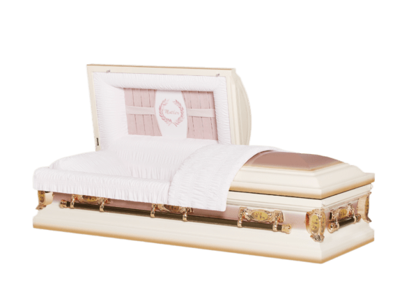 A luxurious, open white casket with gold accents. Interior lined with soft pink fabric, conveying elegance and reverence.