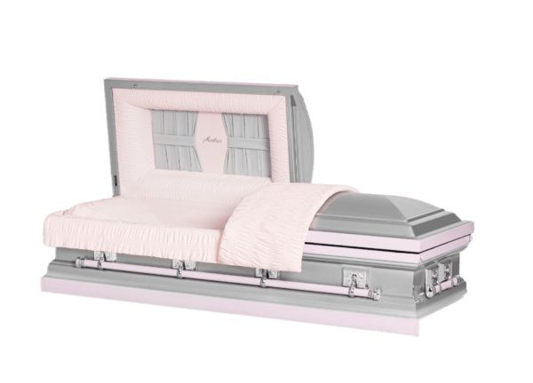 Elegant, silver casket with a soft pink interior and delicate embroidery on the lining, conveying a serene, respectful tone.