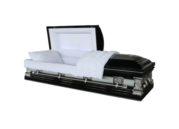 A sleek black coffin with a plush white interior is displayed with its lid open. Elegant silver handles adorn the sides, conveying a somber tone.