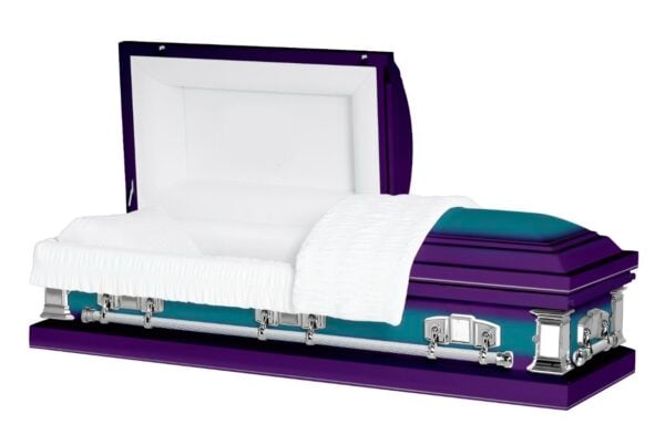 A purple casket with a turquoise interior and silver accents is open, revealing white cushioned lining and a folded white blanket, conveying elegance.