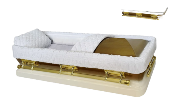 Luxurious white and gold casket with plush interior and quilted padding. The tone is somber and elegant.
