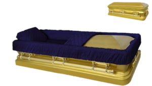 Opulent gold casket with a dark blue velvet interior. The tone is luxurious and somber.