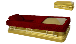 A luxurious gold casket with a rich red velvet interior is shown. A fabric pillow is positioned inside, conveying elegance.