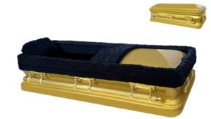 Opulent gold casket with a dark blue velvet interior. The tone is luxurious and somber.
