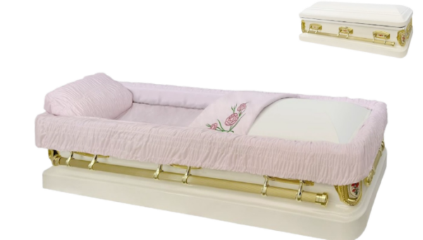 A white casket with gold handles is open to reveal a soft pink interior and an embroidered pillow with roses. Another smaller image of the closed casket is shown in the top right corner.