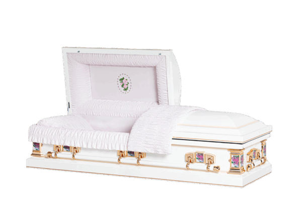 A white casket with a pink, plush interior and floral embroidery. Gold handles and decorative accents add an elegant touch.