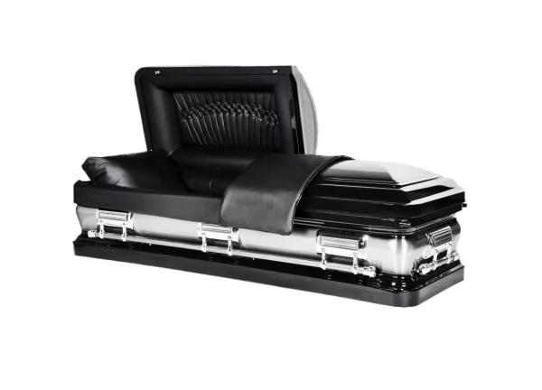 A black and silver coffin with an open lid and a decorative leather interior.