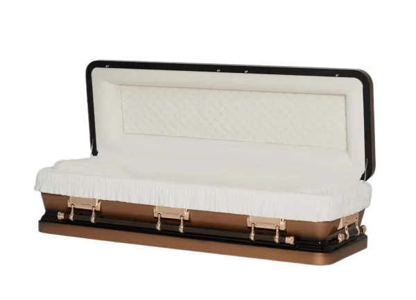 Elegant open Olympia Full Couch coffin with white interior