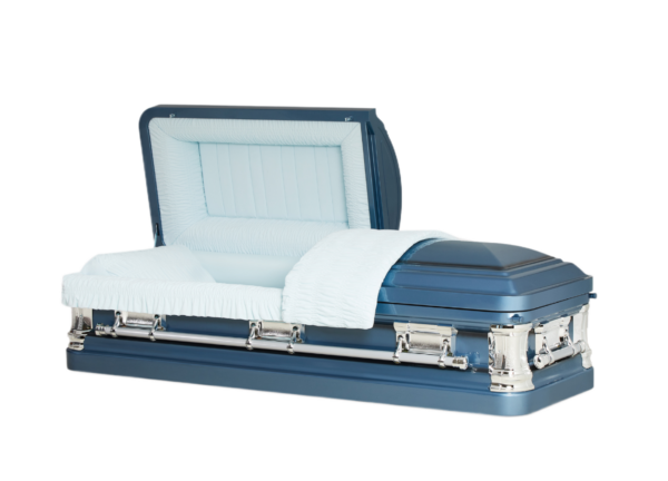 A blue casket with a light blue, cushioned interior and silver handles is open, conveying a solemn and respectful tone.