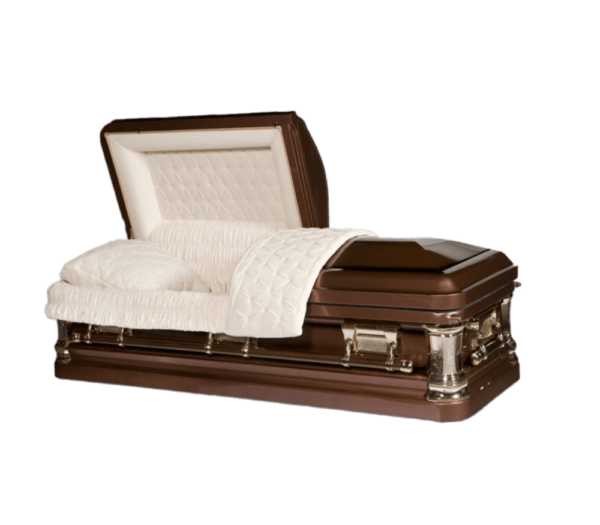 Open brown casket with plush white interior and elegant silver accents, symbolizing a somber and respectful tone.