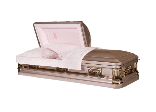 A half-open pink and gold casket with a plush interior, showcasing a satin pillow and a draped blanket, evoking solemnity.