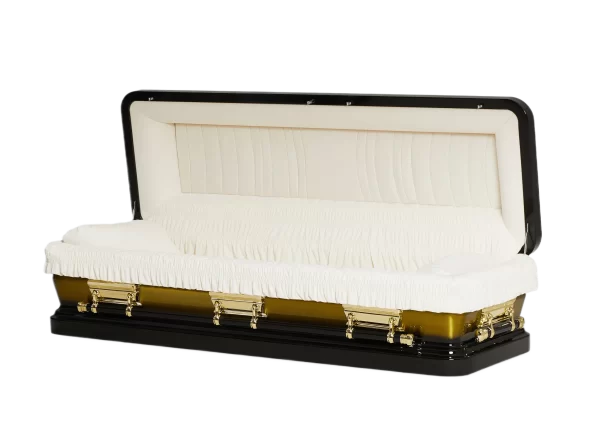 A black and gold coffin with a cream-colored interior, slightly open.