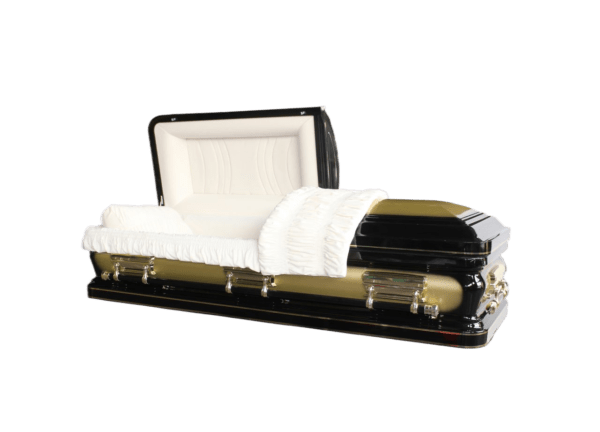 A black and gold coffin with a white cushioned interior and ornate gold handles, conveying solemnity and elegance.