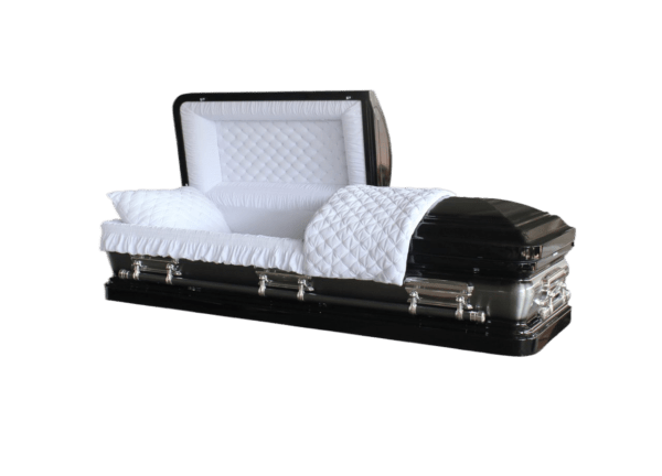 A shiny black casket with polished silver handles, open to reveal a quilted white interior, pillow, and blanket.