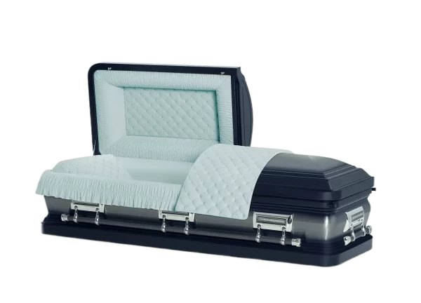 A blue and silver casket with a light blue quilted interior, partially open.