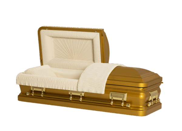A polished gold casket with a partially open lid, lined with soft white fabric. The mood is solemn and dignified.
